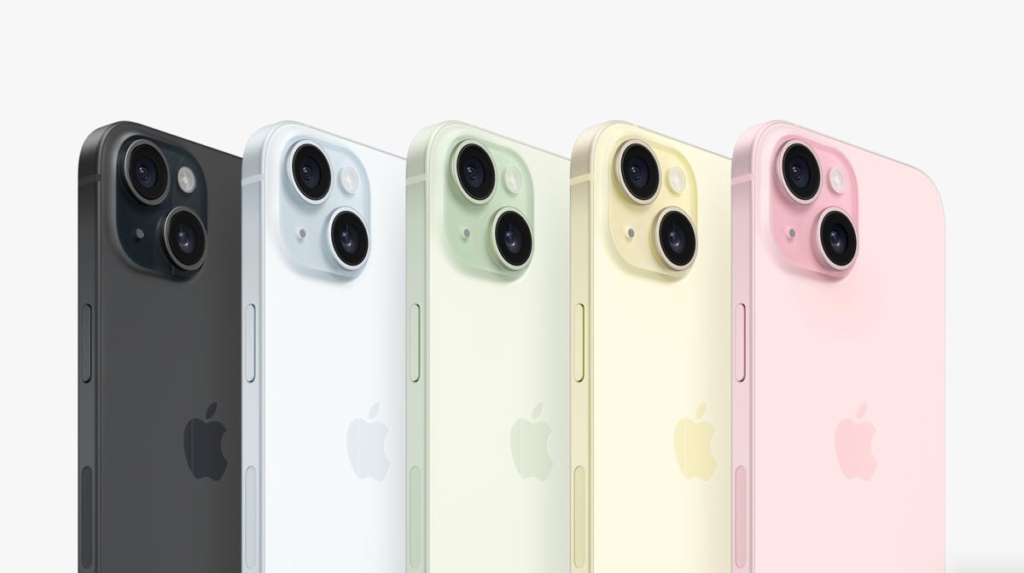 iphone 15 of different colors from the angled view