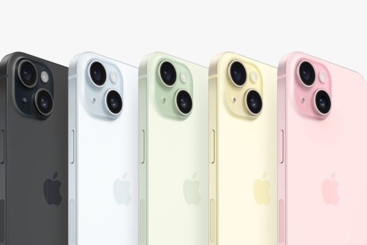 iphone 15 of different colors from the angled view